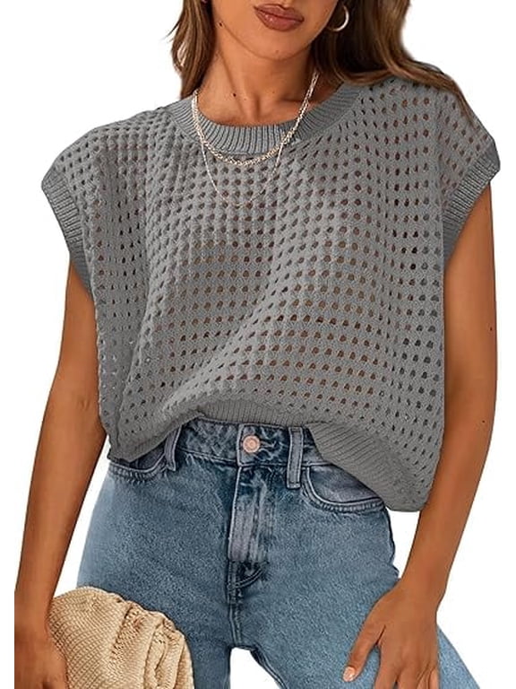 Womens Spring Tops Summer Shirts Crochet Cap Sleeve Sweater Pullover Cute Crew Neck Beach Cover Ups