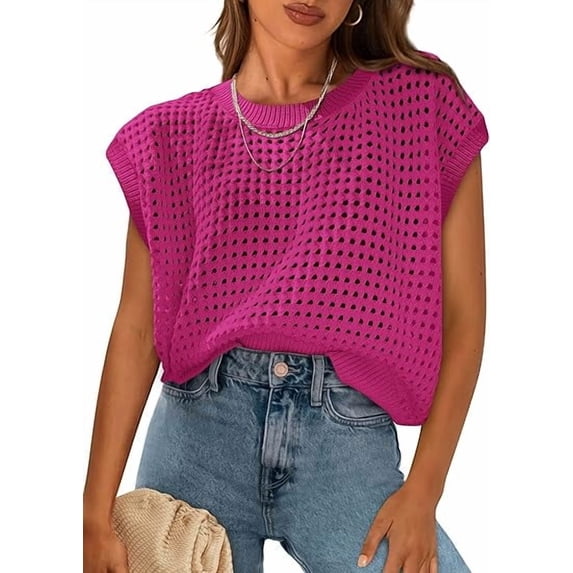 PRETTYGARDEN Womens Spring Tops Summer Shirts Crochet Cap Sleeve Sweater Pullover Cute Crew Neck Beach Cover Ups