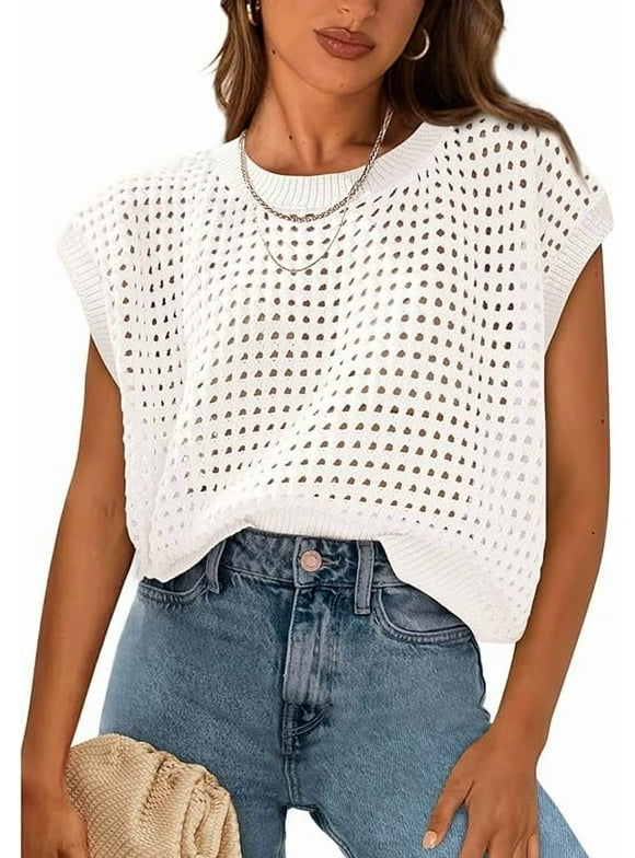 Womens Spring Tops Summer Shirts Crochet Cap Sleeve Sweater Pullover Cute Crew Neck Beach Cover Ups