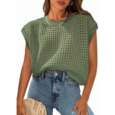 PRETTYGARDEN Womens Spring Tops Summer Shirts Crochet Cap Sleeve Sweater Pullover Cute Crew Neck Beach Cover Ups