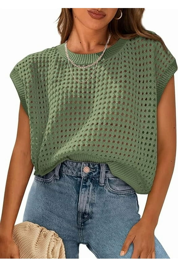 Womens Spring Tops Summer Shirts Crochet Cap Sleeve Sweater Pullover Cute Crew Neck Beach Cover Ups