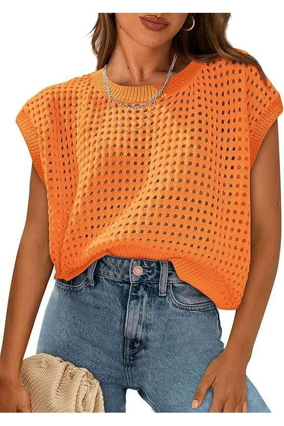 Womens Spring Tops Summer Shirts Crochet Cap Sleeve Sweater Pullover Cute Crew Neck Beach Cover Ups