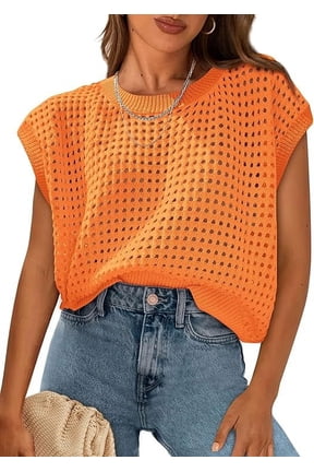 Womens Spring Tops Summer Shirts Crochet Cap Sleeve Sweater Pullover Cute Crew Neck Beach Cover Ups