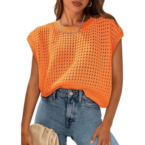 Womens Spring Tops Summer Shirts Crochet Cap Sleeve Sweater Pullover Cute Crew Neck Beach Cover Ups