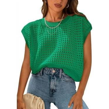 PRETTYGARDEN Womens Spring Tops Summer Shirts Crochet Cap Sleeve Sweater Pullover Cute Crew Neck Beach Cover Ups