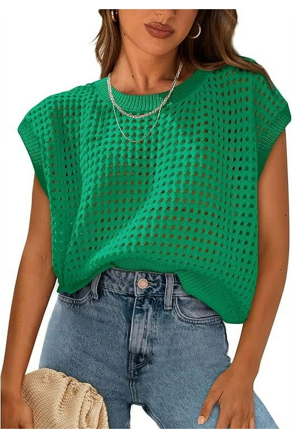 Womens Spring Tops Summer Shirts Crochet Cap Sleeve Sweater Pullover Cute Crew Neck Beach Cover Ups