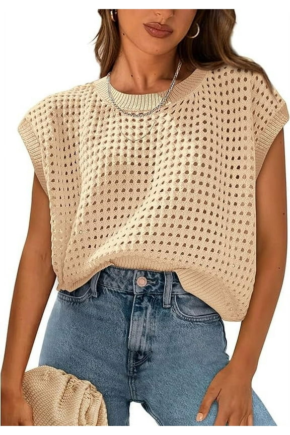 Womens Spring Tops Summer Shirts Crochet Cap Sleeve Sweater Pullover Cute Crew Neck Beach Cover Ups