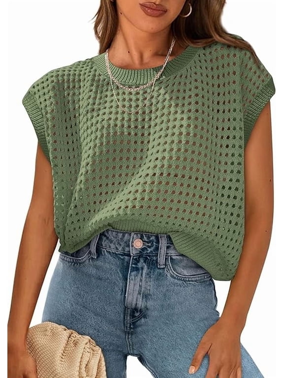 Womens Spring Tops Summer Shirts Crochet Cap Sleeve Sweater Pullover Cute Crew Neck Beach Cover Ups