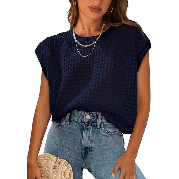 PRETTYGARDEN Womens Spring Tops Summer Shirts Crochet Cap Sleeve Sweater Pullover Cute Crew Neck Beach Cover Ups