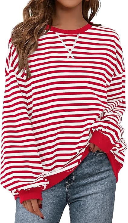 Womens Striped Oversized Sweatshirt Color Block Crew Neck Long Sleeve Casual Loose Pullover Top Y2K Clothes