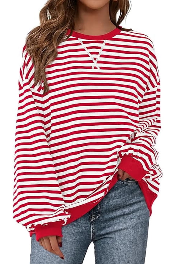 Womens Striped Oversized Sweatshirt Color Block Crew Neck Long Sleeve Casual Loose Pullover Top Y2K Clothes