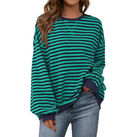 PRETTYGARDEN Womens Striped Oversized Sweatshirt Color Block Crew Neck Long Sleeve Casual Loose Pullover Top Y2K Clothes