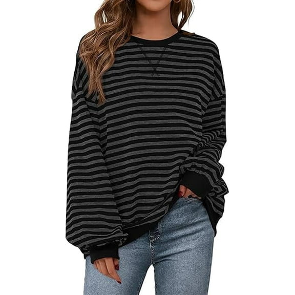 PRETTYGARDEN Womens Striped Oversized Sweatshirt Color Block Crew Neck Long Sleeve Casual Loose Pullover Top Y2K Clothes