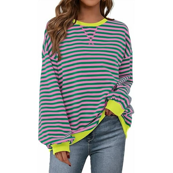 PRETTYGARDEN Womens Striped Oversized Sweatshirt Color Block Crew Neck Long Sleeve Casual Loose Pullover Top Y2K Clothes