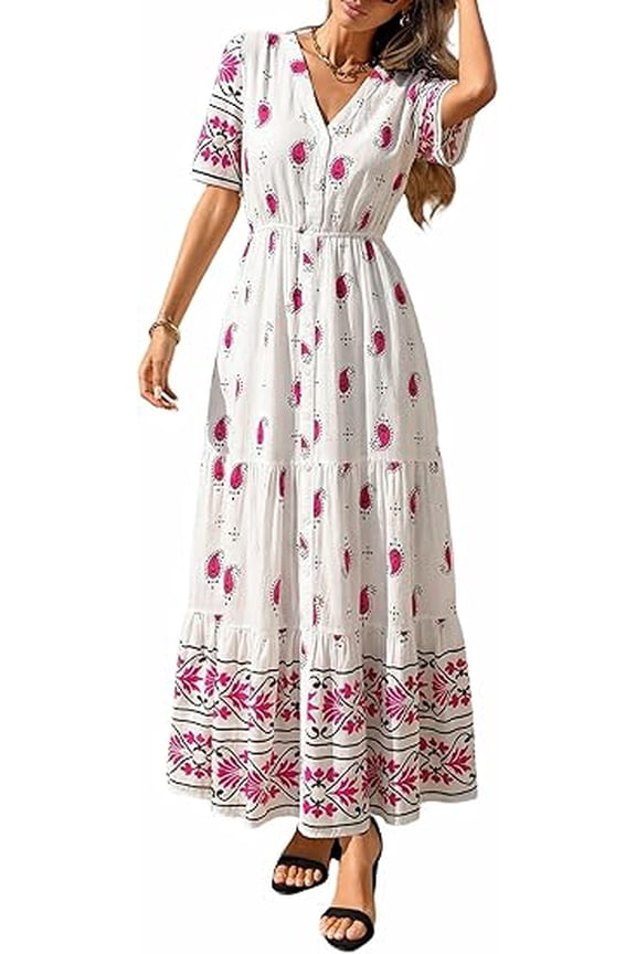 Womens Summer Boho Maxi Dress Trendy Short Sleeve V Neck Flowy Beach Floral Dresses with Pockets