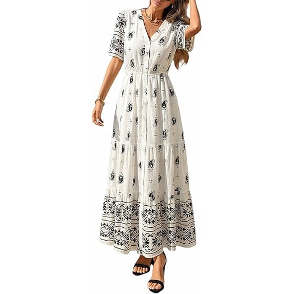 PRETTYGARDEN Womens Summer Boho Maxi Dress Trendy Short Sleeve V Neck Flowy Beach Floral Dresses with Pockets
