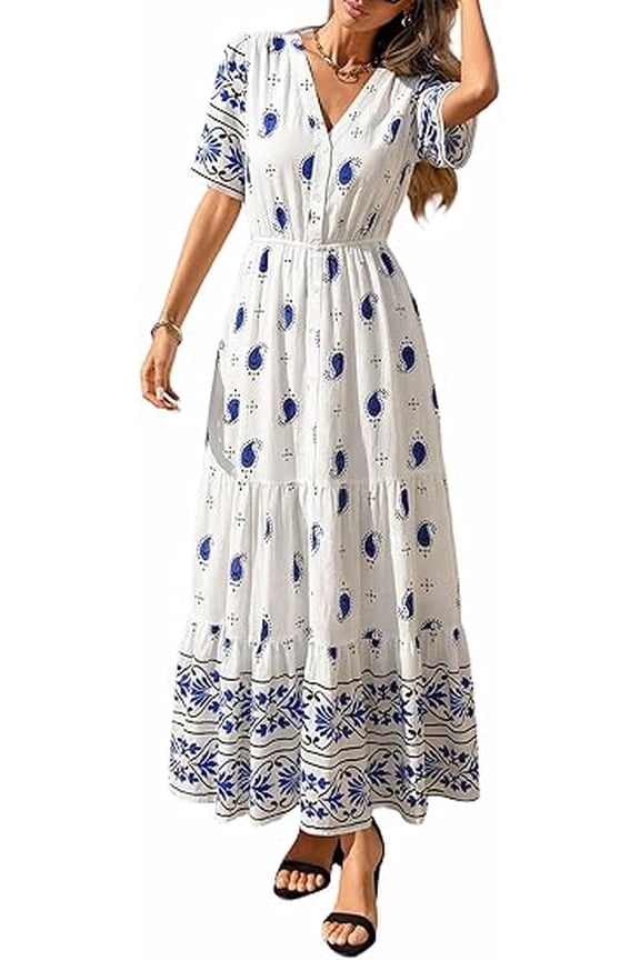 Womens Summer Boho Maxi Dress Trendy Short Sleeve V Neck Flowy Beach Floral Dresses with Pockets