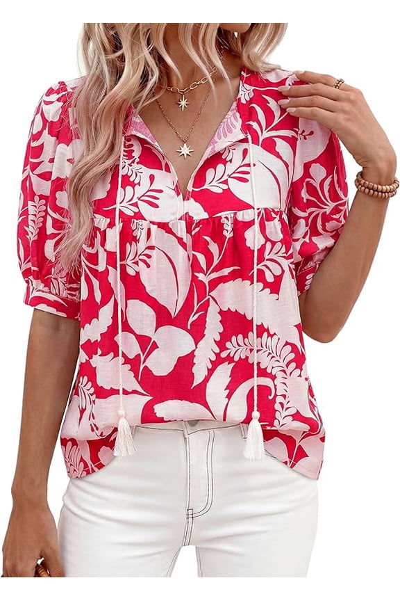 Womens Summer Boho Tops Vacation Outfits Casual Tie Front V Neck Peasant Blouses Puff Short Sleeve Shirts