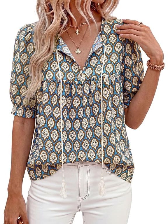 Womens Summer Boho Tops Vacation Outfits Casual Tie Front V Neck Peasant Blouses Puff Short Sleeve Shirts