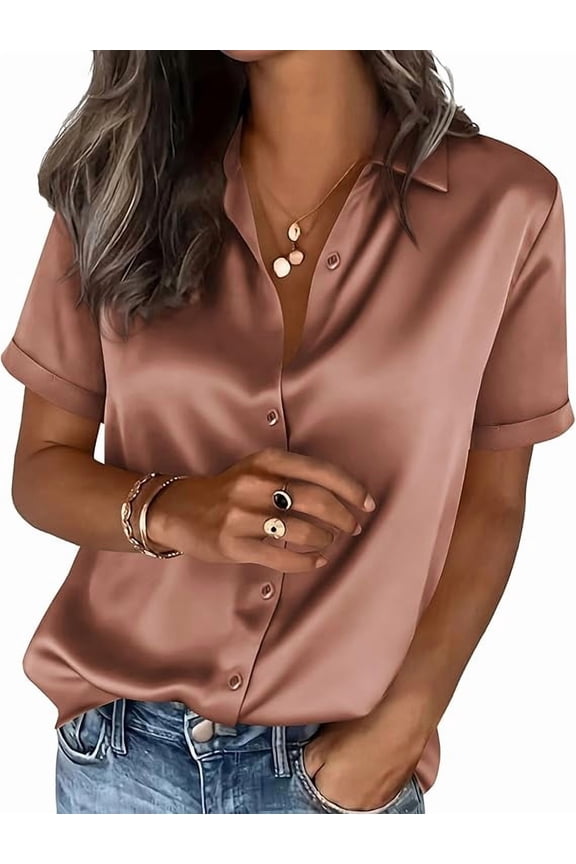 Womens Summer Button Down Shirts Short Sleeve Work Tops Dressy Satin Blouses Spring Business Casual Outfits