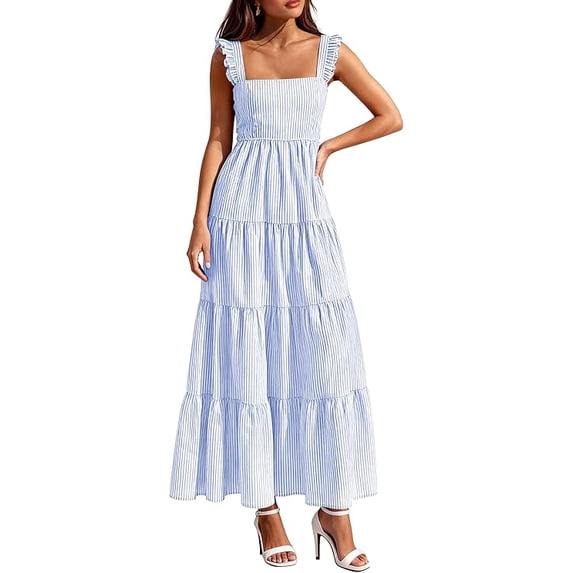 PRETTYGARDEN Womens Summer Casual Maxi Dresses Striped Square Neck Sleeveless Boho Flowy Sundress Beach Vacation Clothes
