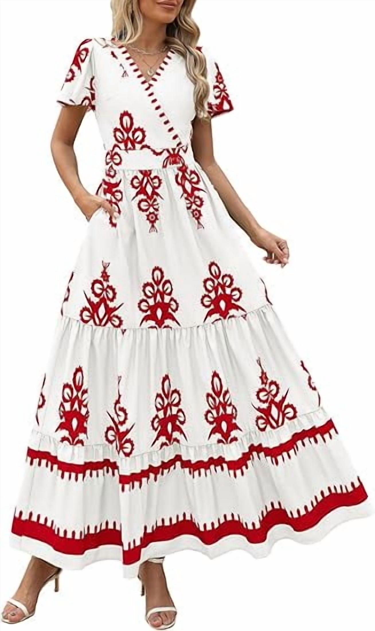 Prettygarden Womens Summer Casual V Neck Boho Maxi Dress Flowy Aline Bell Sleeve Tiered Floral Dresses with Pocket, Women's, Size: Small, White