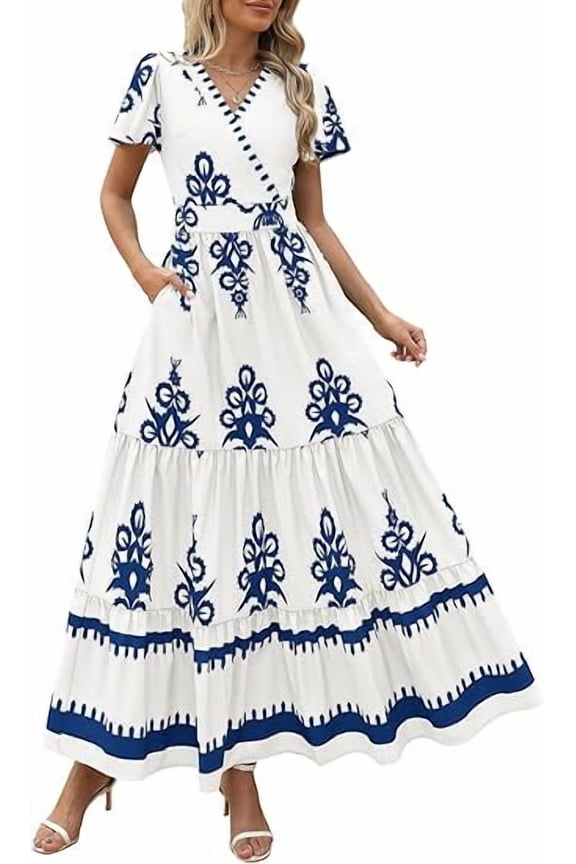 Womens Summer Casual V Neck Boho Maxi Dress Flowy Aline Bell Sleeve Tiered Floral Dresses with Pocket