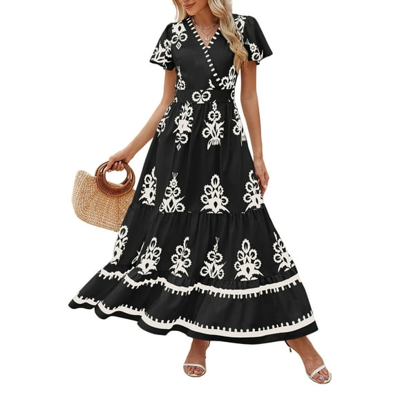 PRETTYGARDEN Womens Summer Casual V Neck Boho Maxi Dress Flowy Aline Bell Sleeve Tiered Floral Dresses with Pocket