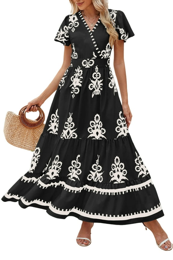 Womens Summer Casual V Neck Boho Maxi Dress Flowy Aline Bell Sleeve Tiered Floral Dresses with Pocket