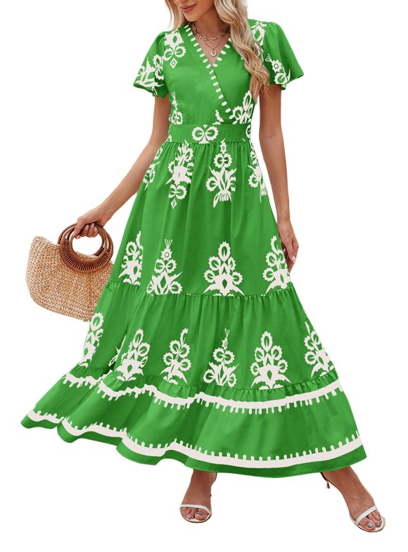 Womens Summer Casual V Neck Boho Maxi Dress Flowy Aline Bell Sleeve Tiered Floral Dresses with Pocket