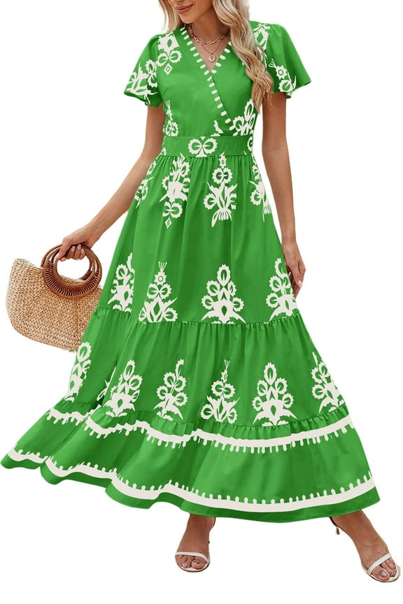 Womens Summer Casual V Neck Boho Maxi Dress Flowy Aline Bell Sleeve Tiered Floral Dresses with Pocket