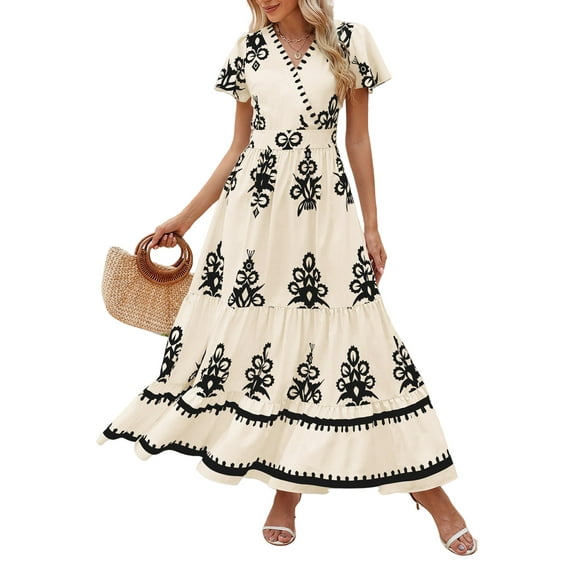 PRETTYGARDEN Womens Summer Casual V Neck Boho Maxi Dress Flowy Aline Bell Sleeve Tiered Floral Dresses with Pocket