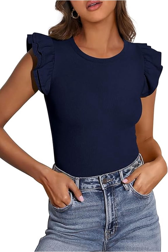 Womens Summer Crew Neck T Shirts Trendy Ruffle Sleeve Slim Fit Knit Going Out Tops Casual Spring Clothes