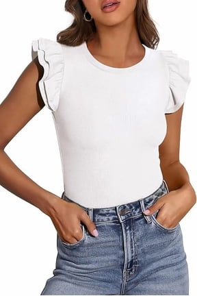 Womens Summer Crew Neck T Shirts Trendy Ruffle Sleeve Slim Fit Knit Going Out Tops Casual Spring Clothes