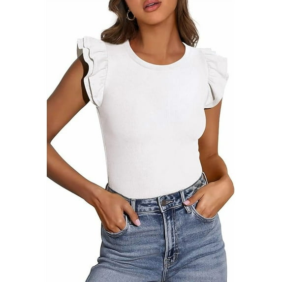 PRETTYGARDEN Womens Summer Crew Neck T Shirts Trendy Ruffle Sleeve Slim Fit Knit Going Out Tops Casual Spring Clothes