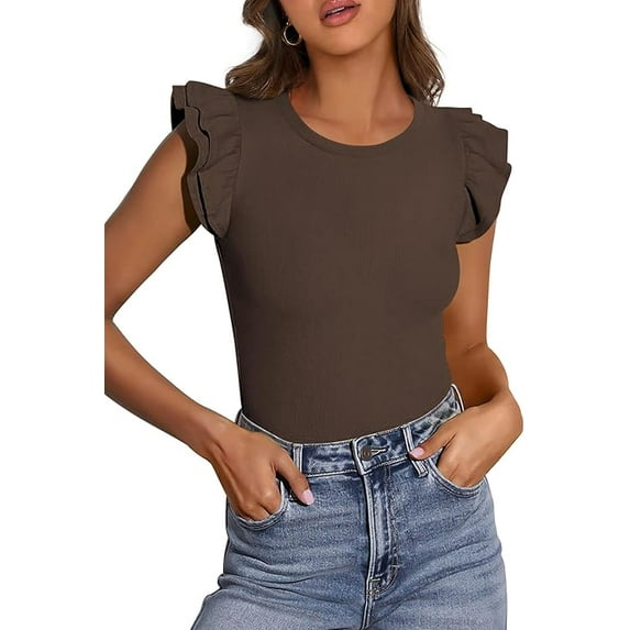PRETTYGARDEN Womens Summer Crew Neck T Shirts Trendy Ruffle Sleeve Slim Fit Knit Going Out Tops Casual Spring Clothes