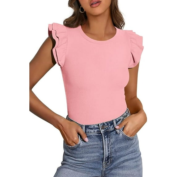 PRETTYGARDEN Womens Summer Crew Neck T Shirts Trendy Ruffle Sleeve Slim Fit Knit Going Out Tops Casual Spring Clothes