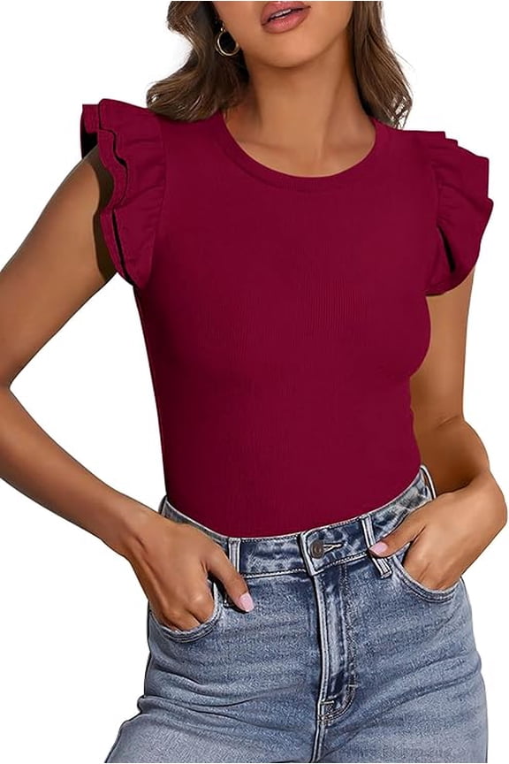 Womens Summer Crew Neck T Shirts Trendy Ruffle Sleeve Slim Fit Knit Going Out Tops Casual Spring Clothes