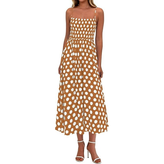 PRETTYGARDEN Womens Summer Dresses Spring Sleeveless Spaghetti Straps Casual Midi Dress Polka Dot Smocked Beach Sundress