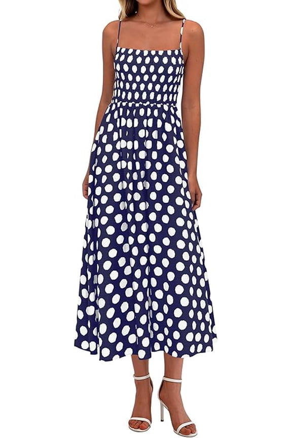 Womens Summer Dresses Spring Sleeveless Spaghetti Straps Casual Midi Dress Polka Dot Smocked Beach Sundress