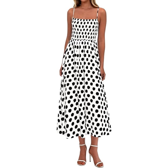 PRETTYGARDEN Womens Summer Dresses Spring Sleeveless Spaghetti Straps Casual Midi Dress Polka Dot Smocked Beach Sundress
