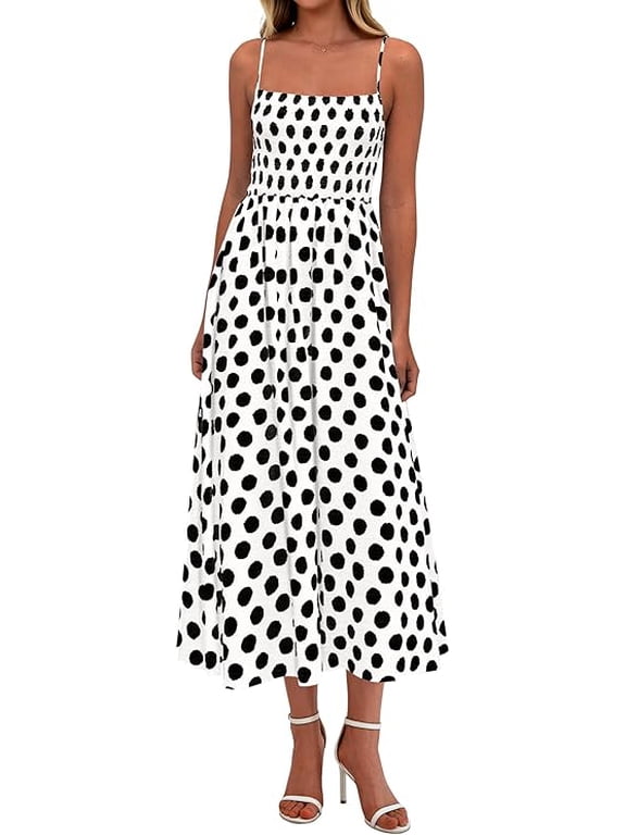 Womens Summer Dresses Spring Sleeveless Spaghetti Straps Casual Midi Dress Polka Dot Smocked Beach Sundress