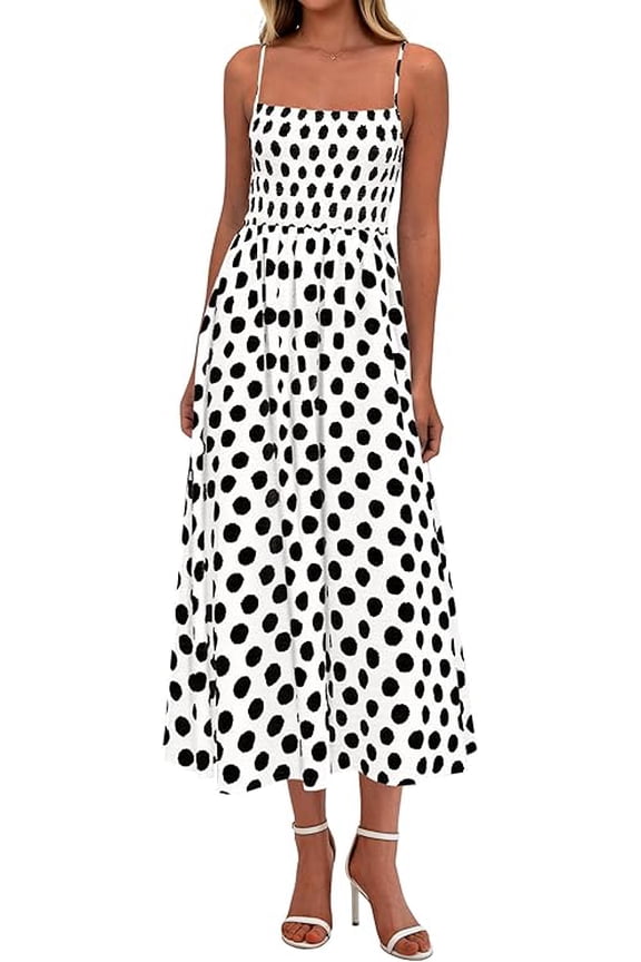 Womens Summer Dresses Spring Sleeveless Spaghetti Straps Casual Midi Dress Polka Dot Smocked Beach Sundress