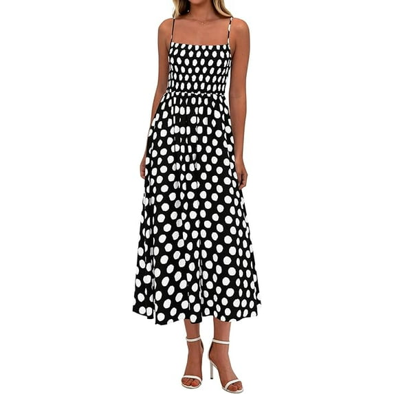 PRETTYGARDEN Womens Summer Dresses Spring Sleeveless Spaghetti Straps Casual Midi Dress Polka Dot Smocked Beach Sundress