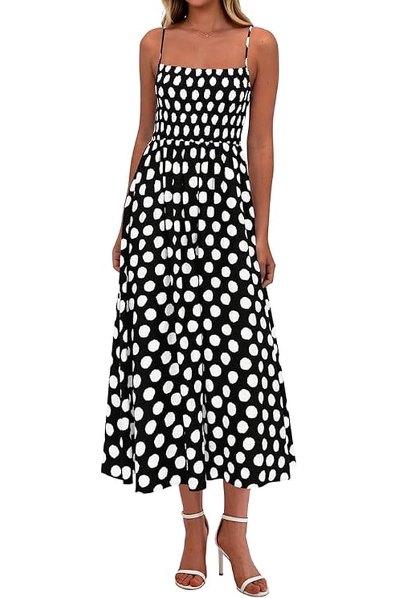 Womens Summer Dresses Spring Sleeveless Spaghetti Straps Casual Midi Dress Polka Dot Smocked Beach Sundress