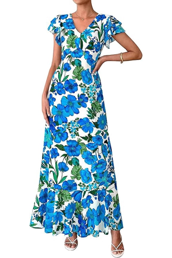 Womens Summer Floral Maxi Dresses Spring Short Sleeve Ruffle V Neck Flowy Boho Long Beach Vacation Sundress