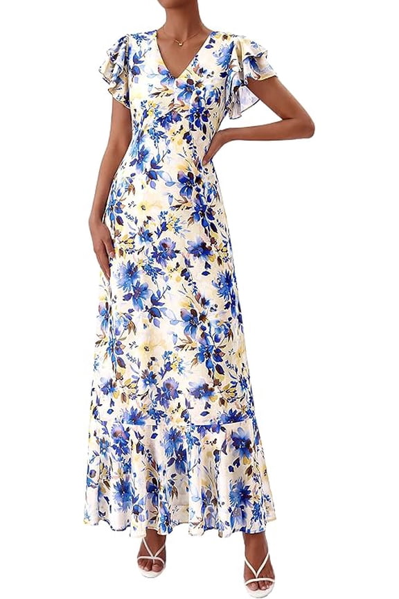 Womens Summer Floral Maxi Dresses Spring Short Sleeve Ruffle V Neck Flowy Boho Long Beach Vacation Sundress