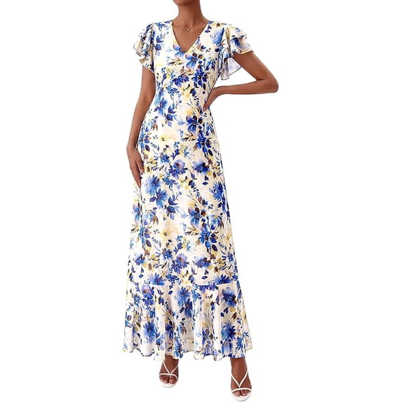PRETTYGARDEN Womens Summer Floral Maxi Dresses Spring Short Sleeve Ruffle V Neck Flowy Boho Long Beach Vacation Sundress