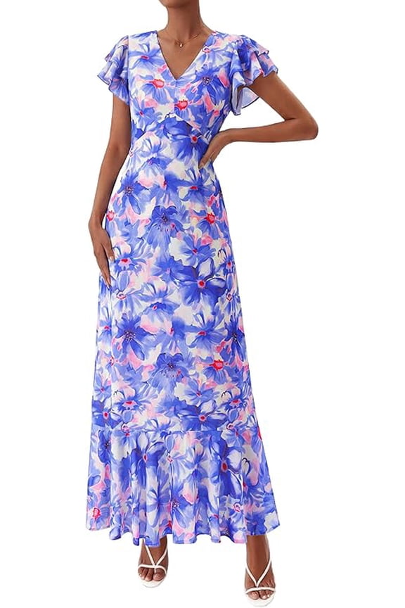 Womens Summer Floral Maxi Dresses Spring Short Sleeve Ruffle V Neck Flowy Boho Long Beach Vacation Sundress