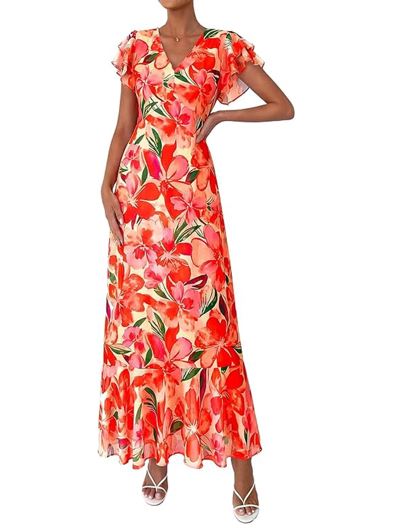 flowy maxi dress spring Prettygarden Womens Summer Floral Dresses Short Sleeve Ruffle V Neck Boho Long Beach Vacation Sundress, Women's, Size: XL, Orange scoop neckline